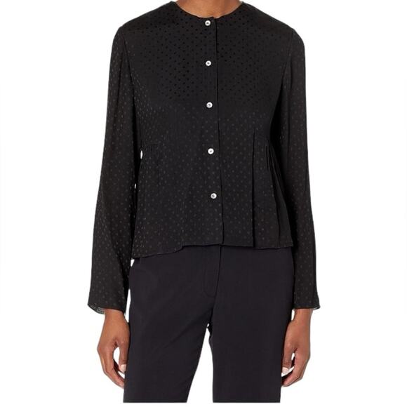 Vince Silk Dot Black Jacquard Ruched Panel Button Down Blouse size medium - Picture 2 of 10
